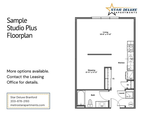 A floor plan for a Star Deluxe apartment is shown with a kitchen, living room, bathroom, and bedrooms.